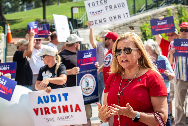 Protesters at the Virginia State Capitol, joined by State Senator Amanda Chase, call for an audit of the 2020 general election in Virginia, in Richmond, Va., on Aug. 2, 2021.