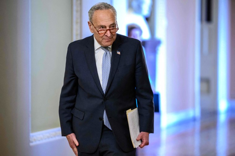 Image: Senate Majority Leader Chuck Schumer arrives to speak during a news conference following Senate Democrat policy luncheons at the Capitol on June 13, 2023.