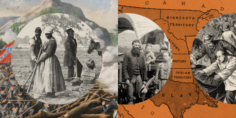 Photo illustration of archival images of Black slaves on a South Carolina plantation in 1862, white pioneers heading West in a wagon in 1886, and a drawing of white people attacking Chinese immigrants in Colorado in 1880. The background is a painting of Confederate soldiers fighting with Union soldiers during the Civil War and a map of the United States detailing freed and slave territories.