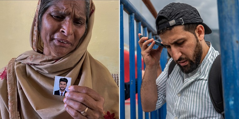 Left: Pakistani mother Tazeem Pervaiz weeps as she holds a photo of her missing son Taquir at her home in Kashmir on Tuesday. Right: Syrian Kassam Abozeed searches for his missing wife, Israa, and brother-in-law in Kalamata, Greece.