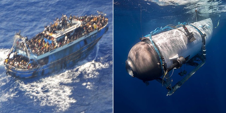 Left: Migrants crowd a vessel crossing the Mediterranean Sea. Right: The OceanGate Expeditions Titan submersible.