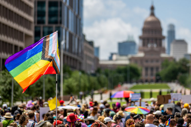 People march in Austin to protest legislation aimed at the LGBTQ+ community on April 15, 2023.