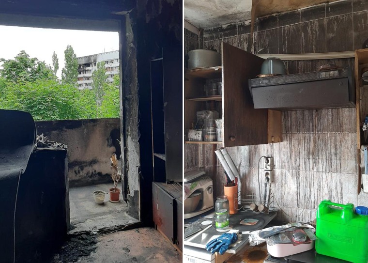 Damage to the interior of Svitlana Bobrysheva's apartment in the Saltivka district of Kharkiv.