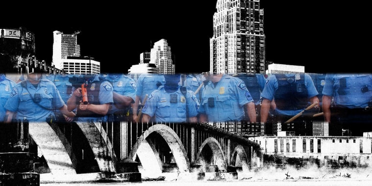 Photo Illustration: an image of Minneapolis police officers over an image of Minneapolis