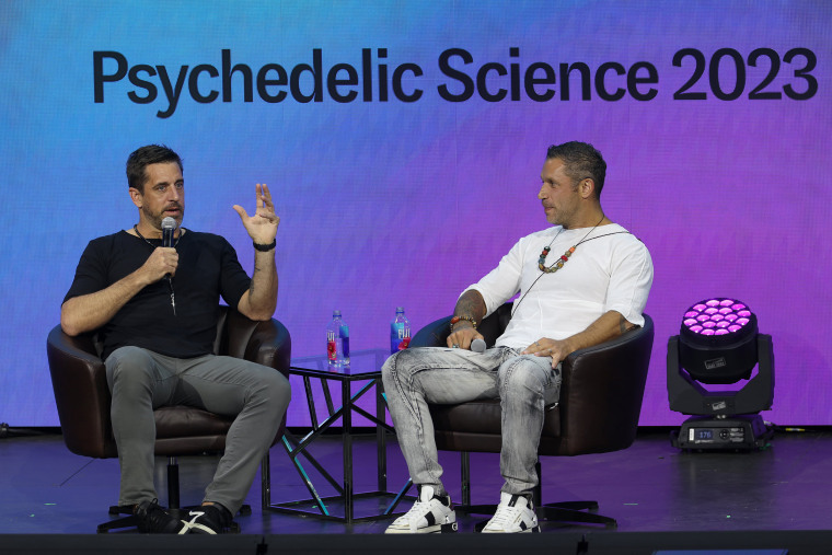 Aaron Rodgers during a talk with author Aubrey Marcus at Psychedelic Science 2023 in Denver