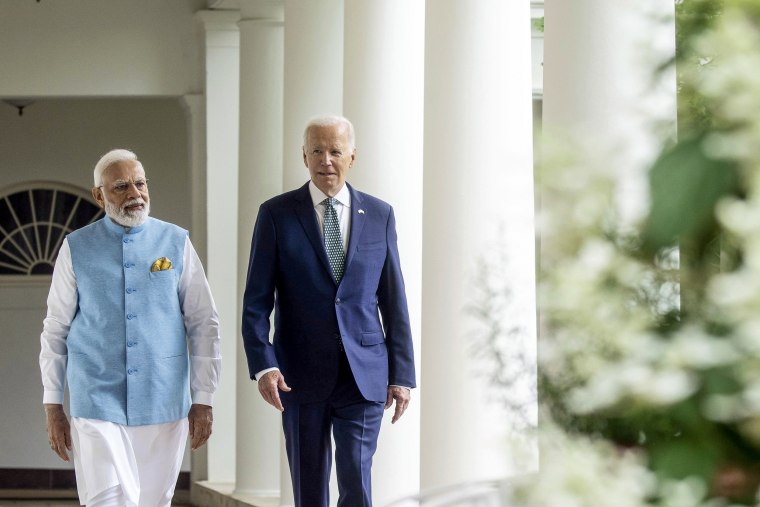 Image: President Joe Biden and India's Prime Minister Narendra Modi walk along the Colonnade to the Oval Office after a State Arrival Ceremony on the South Lawn of the White House on June 22, 2023.