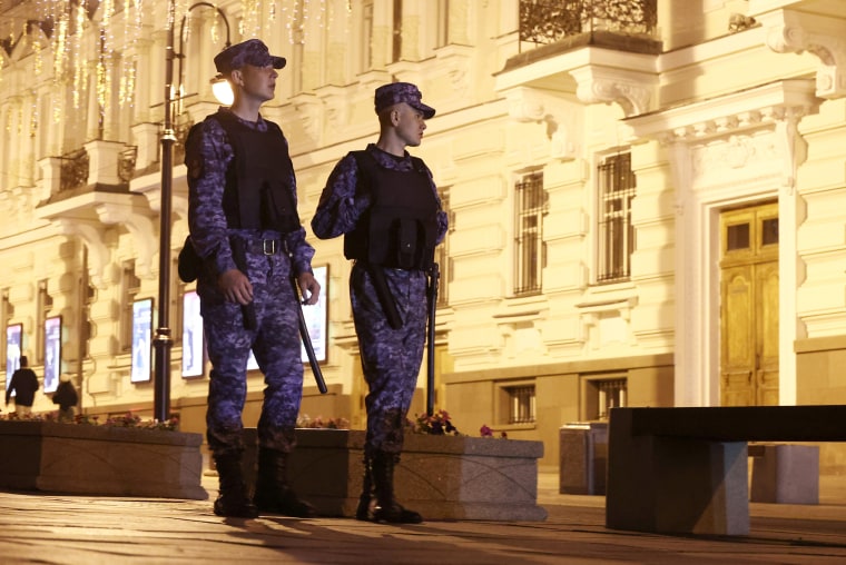 RUSSIA, MOSCOW - JUNE 24, 2023: Police officers patrol Bolshaya Dmitrovka Street in central Moscow.