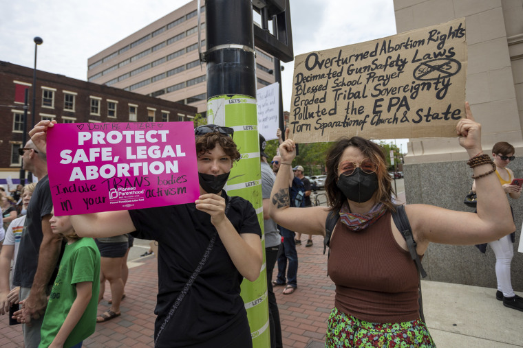 Abortion rights advocates outside the Hamilton County Courthouse in Cincinnati