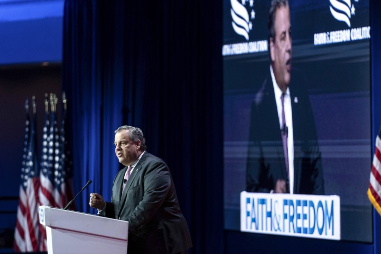 Image: Republican presidential candidate former New Jersey Gov. Chris Christie speaks during the Faith and Freedom Coalition Policy Conference in Washington on  June 23, 2023. 