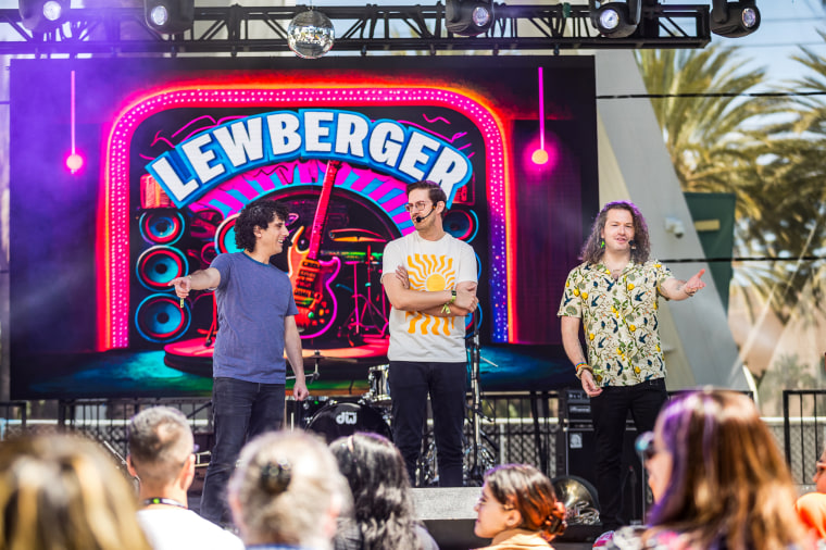Keith Habersberger, one of the co-creators of The Try Guys, on stage at VidCon 2023 in Anaheim, Calif., with his comedy band Lewberger.