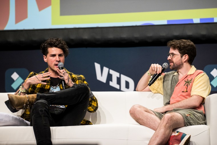 Anthony Padilla, left, and Ian Hecox of Smosh at VidCon in Anaheim, Calif., on June 24, 2023.