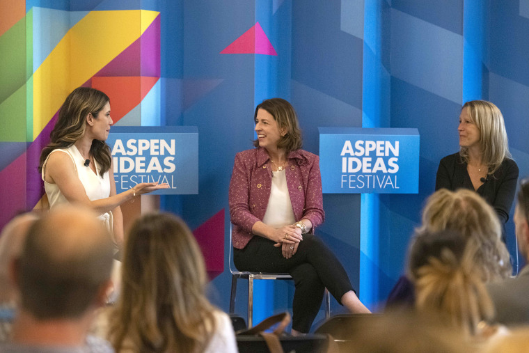 Deirdre Bosa, left, moderates a discussion on “The Road to Carbon Neutrality” with Kara Hurst, Vice President of Worldwide Sustainability at Amazon and Kristen Siemen, Vice President of Sustainable Workplaces and Chief Sustainability Officer at General Motors at Aspen Ideas Festival in Aspen, Colo. on Monday, June 26, 2023.
