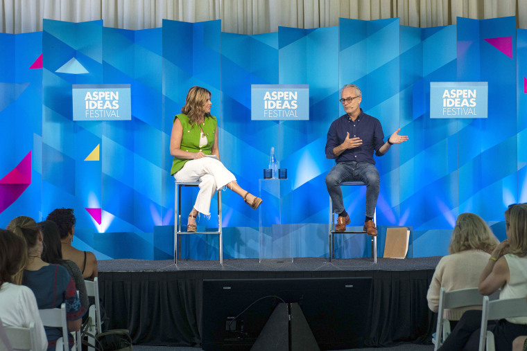 Jenna Bush Hager speaks with author Amor Towles to discuss his latest book, “The Lincoln Highway,” at Aspen Ideas Festival in Aspen, Colo. on Monday, June 26, 2023. (Kelsey Brunner/NBC News)