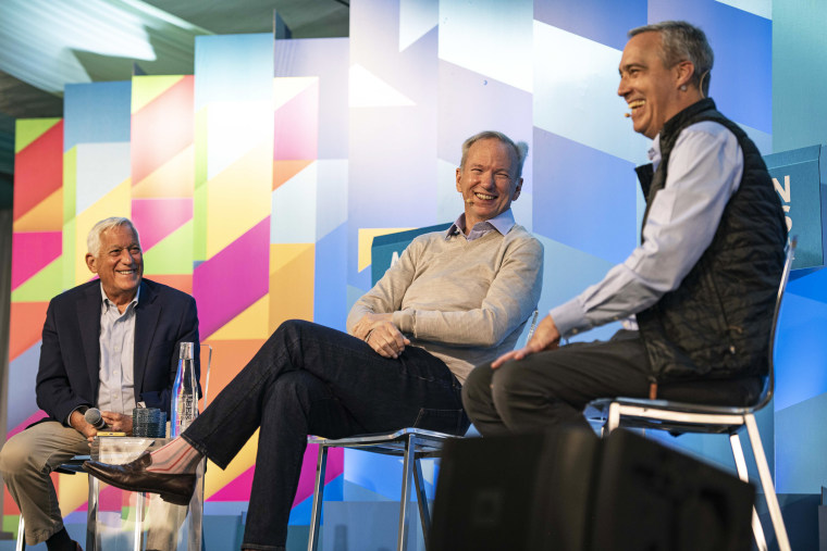 Walter Isaacson, left, Eric Schmidt, and Daniel Huttenlocher during a panel discussion at Aspen Ideas Festival on Monday.