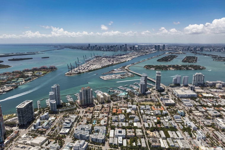 Wide aerial view Miami Florida sunny day