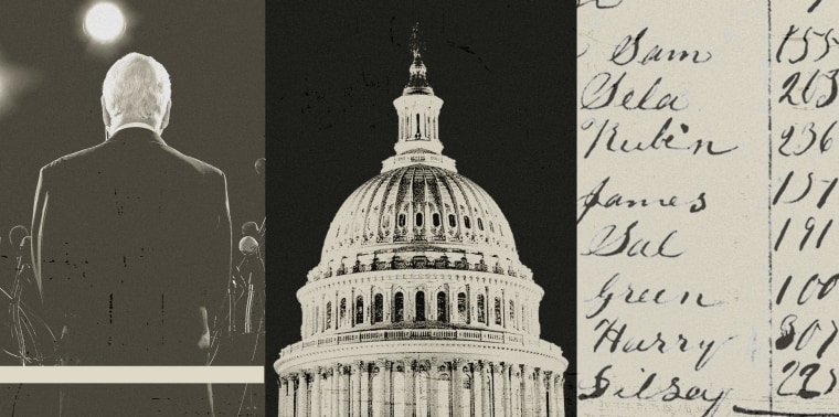 Side-by-side images of a silhouette of a politician, U.S. Capitol, and a list of names 