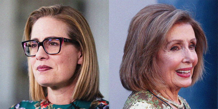 Side by side of Kyrsten Sinema and Nancy Pelosi