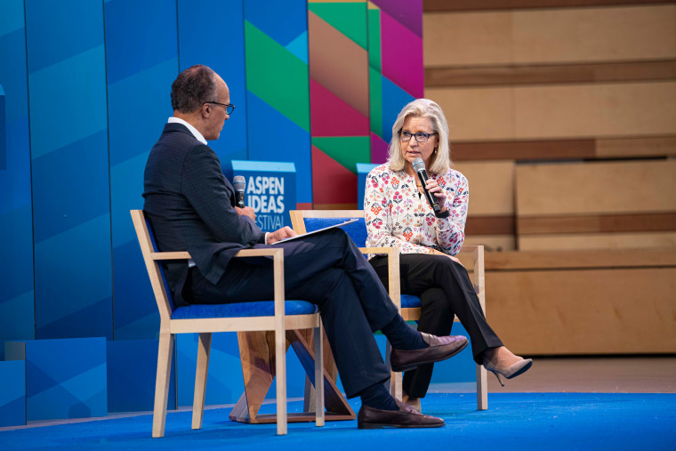Anchor Lester Holt with Liz Cheney at Aspen Ideas Festival on Tuesday, June 27, 2023. 