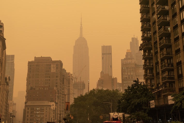 The New York city skyline as smoke from the Canadian wild fires