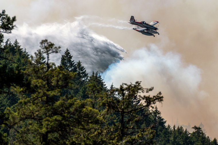 A fixed wing waterbomber drops water onto the Cameron Bluffs wildfire near Port Alberni, British Columbia, Canada