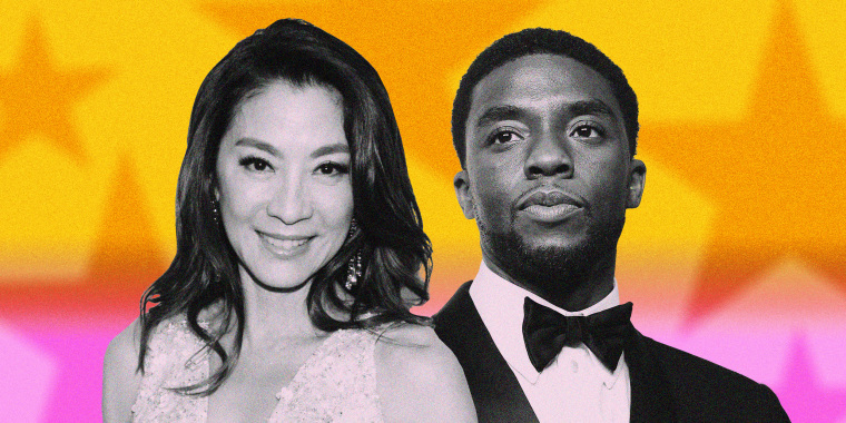 Photo illustration of Michelle Yeoh and Chadwick Boseman surrounded by stars.
