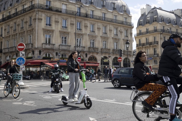 Rental e-scooter scooters t be banned to ensure Road safety in Paris, France - 7 Apr 2023