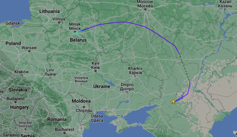 A map showing the route of an Embraer Legacy 600 private jet from southern Russia to Belarus on Tuesday. 
