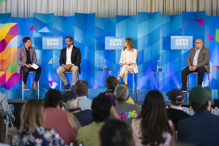 Tom Llamas moderates a discussion with Roger Carstens, Danielle Gilbert and Jason Rezaian about “The Dilemmas of Hostage Diplomacy” at Aspen Ideas Festival in Aspen, Colo. on Wednesday, June 28, 2023.