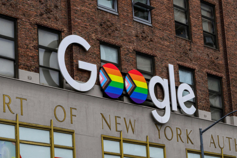The Google logo with the Pride flag at the company's New York office on June 7, 2022.