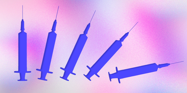 Photo Illustration: 5 syringes in a line, tipping over