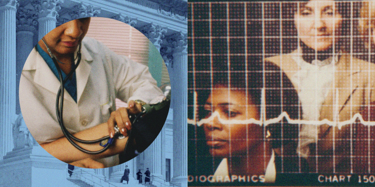 Photo illustration of a Black doctor checking a patients blood pressure; the Supreme Court in Washington; and a poster for EKG's for women, featuring white women and a Black woman.