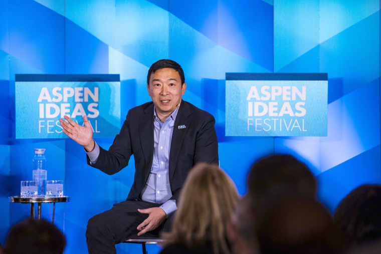 Savannah Sellers talks with former presidential candidate and co-chair of Forward Party about the upcoming election and his thoughts on the political party system at Aspen Ideas Festival in Aspen, Colo. on Thursday, June 29, 2023.