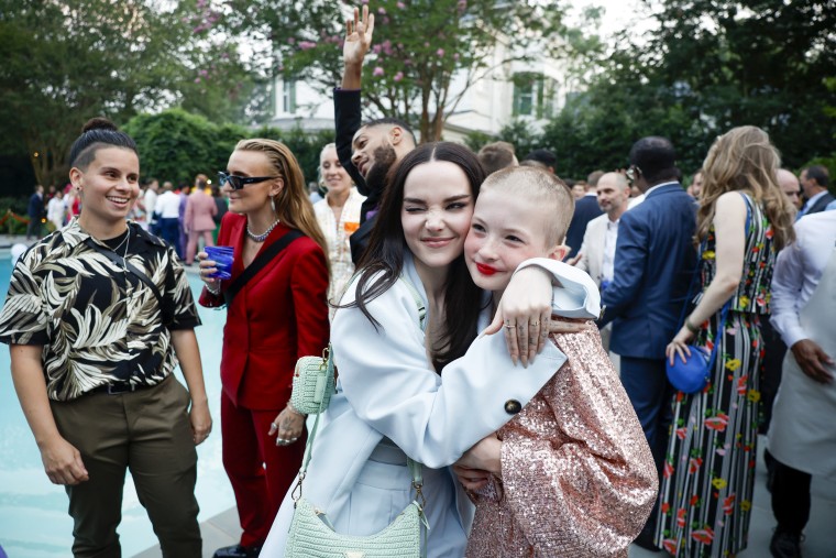 Dove Cameron, left,  attends a Pride Celebration hosted by Kamala Harris, in Washington, D.C.