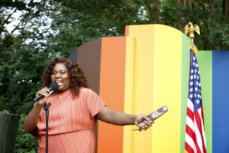 Alex Newell performs during a pride event hosted by Kamala Harris, in Washington, D.C.