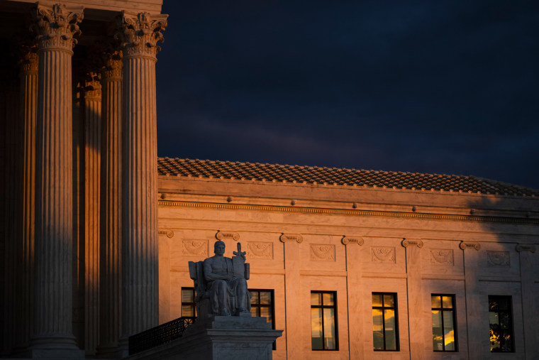 The U.S. Supreme Court building at sunset. 