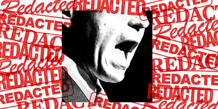 Photo Illustration: An image of Ron DeSantis yelling, surrounded by red stamps that say "REDACTED"
