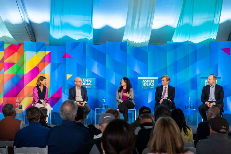 Rebecca Blumenstein, President, NBC News Editorial, left, moderates a panel discussion on United States-China relations with panelists Stephen Roach, Jessica Chen-Weiss, Elbridge Colby, and Jorge Guajardo on Friday, June 30, 2023. 