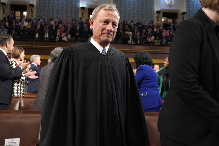 FILE - Chief Justice of the United States John Roberts arrives before President Joe Biden delivers the State of the Union address to a joint session of Congress at the Capitol, Tuesday, Feb. 7, 2023, in Washington. While the court’s six conservatives and three liberals have been deeply divided on some of the most contentious issues of the day including abortion, gun rights and the place of religion in public life, they seem united on this particular principle: on ethics they will set their own rules and police themselves.