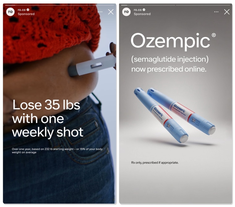 Two Instagram ads for the drug Ozempic