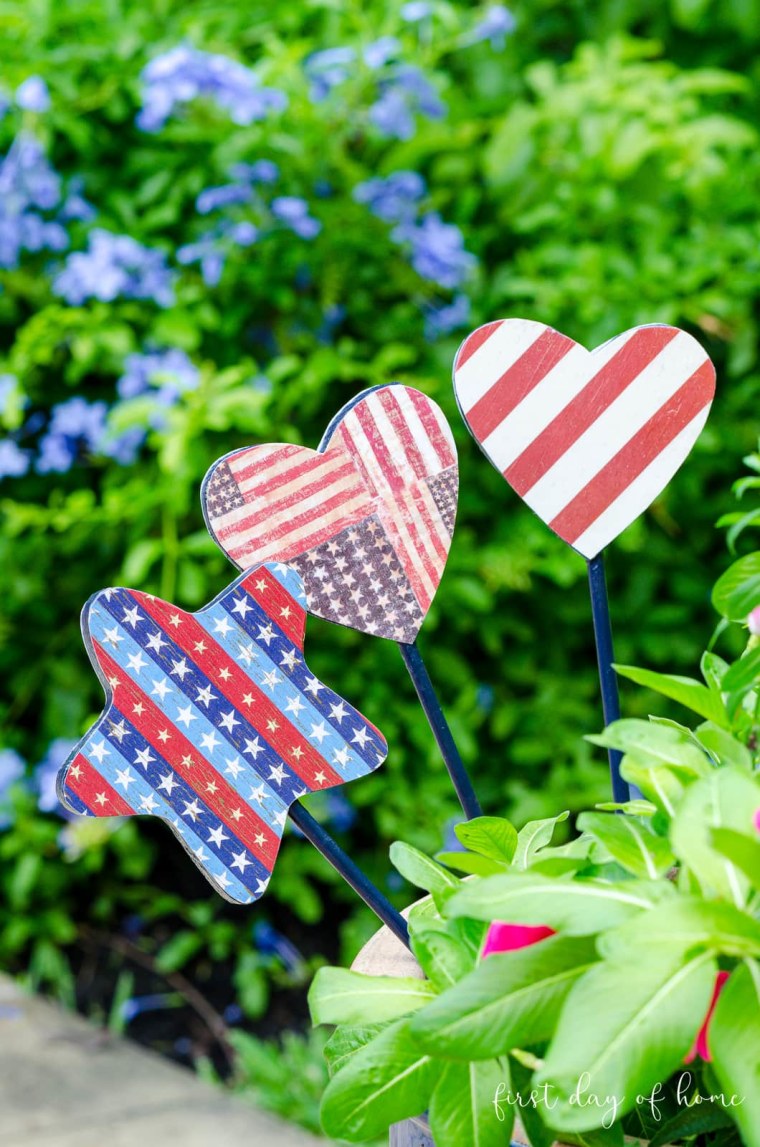 red, white and blue stakes 