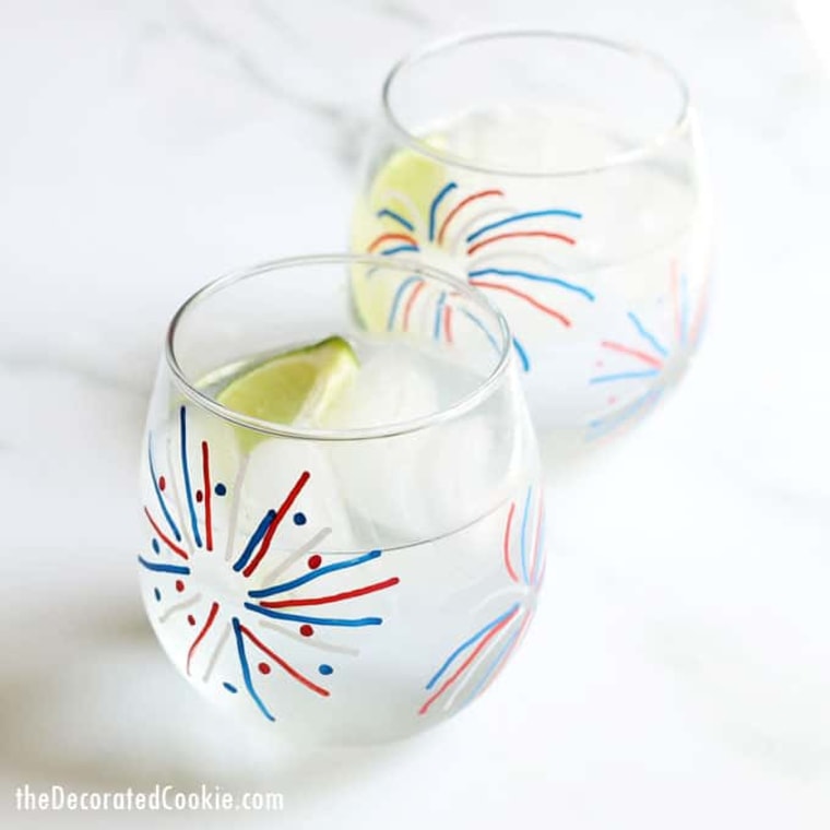 wine glasses with red, white and blue fireworks