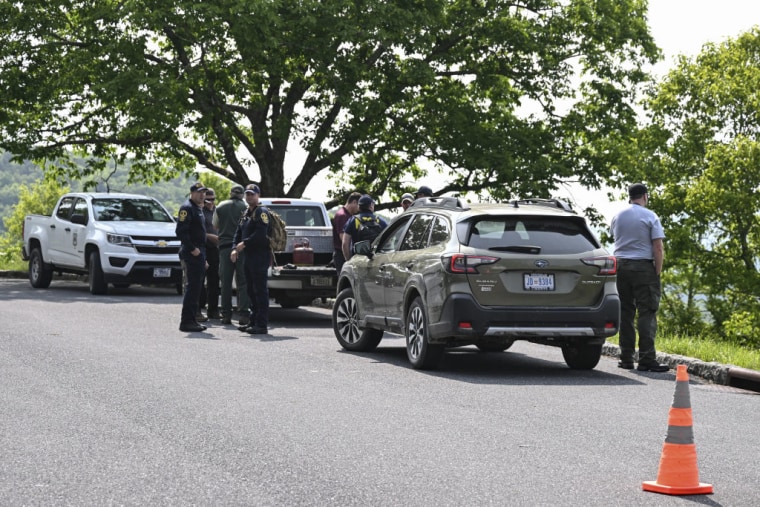Miembros de la Policía Estatal de Virginia llegan al lugar donde se estrelló un avión en una zona boscosa, el domingo.