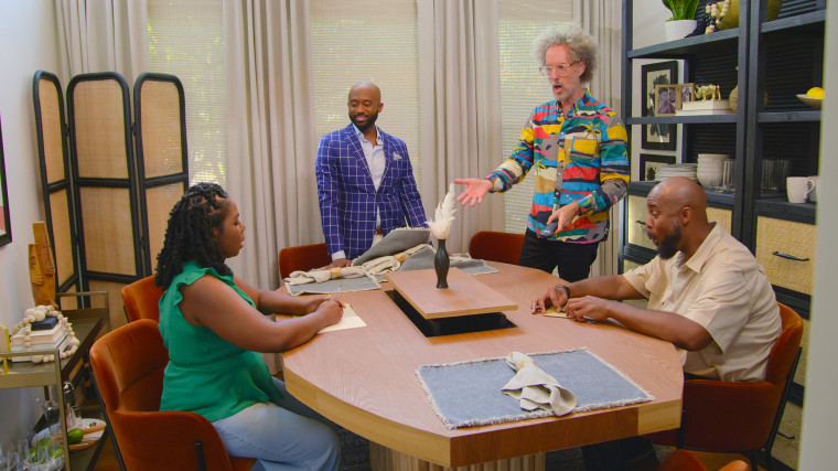 (L-R) "Hack My Home" co-hosts Mikel Welch and Brooks Atwood meet with clients in Episode Eight of the Netflix series.