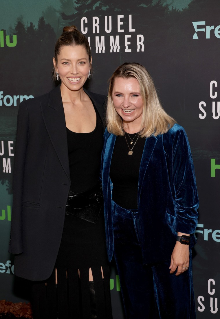 Jessica Biel and Beverley Mitchell attend the premiere of Freeform's "Cruel Summer" Season 2 at Grace E. Simons Lodge on May 31, 2023 in Los Angeles, Califo.
