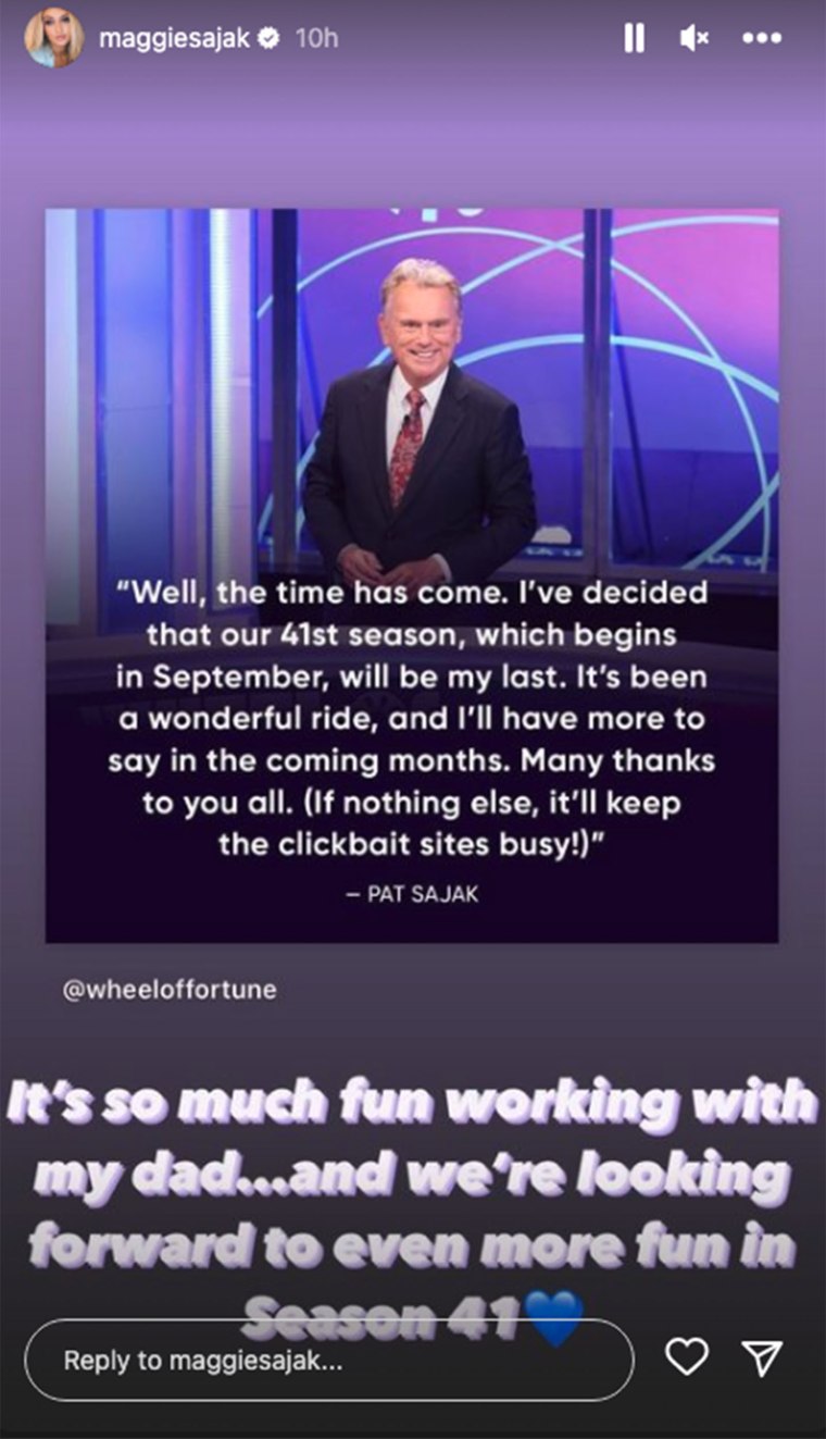 Pat Sajak's daughter, Maggie, reacts to news he's leaving "Wheel of Fortune."