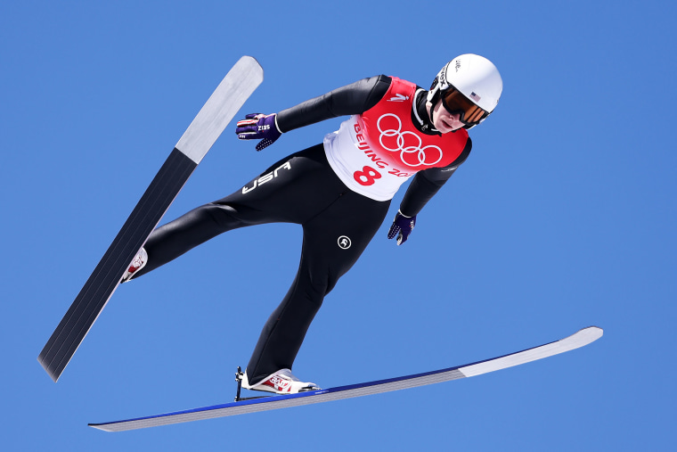 Patrick Gasienica of Team United States jumps during Men's Ski Jumping  Normal Hill Individual Trial Round for Qualification at National Ski Jumping Centre on February 05, 2022 in Zhangjiakou, China. 