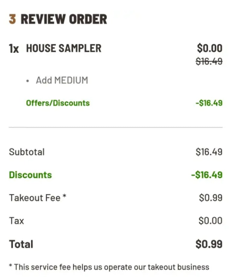 The takeout fee on a customer's Buffalo Wild Wings order.