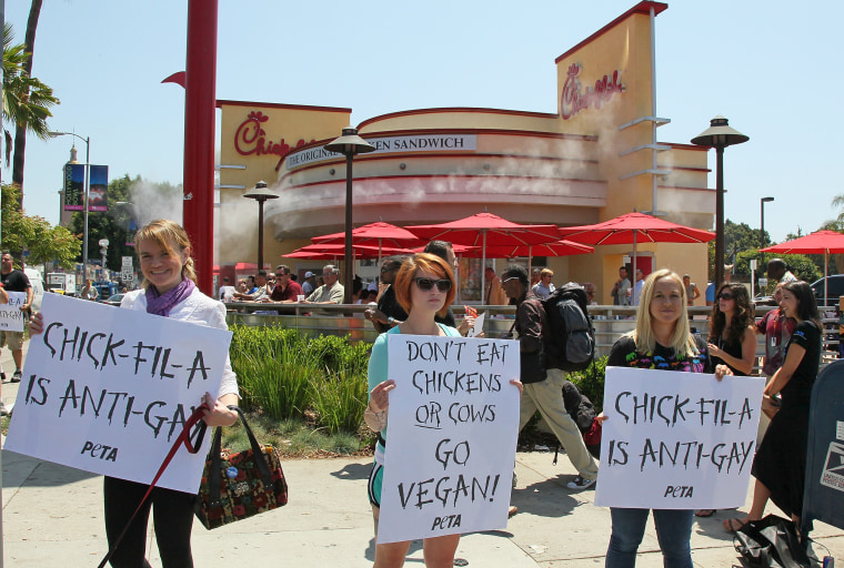 PETA and the LGBT community's "Chick-fil-A Is Anti-Gay!" protest occurs at Chick-fil-A on August 1, 2012 in Hollywood, CA.