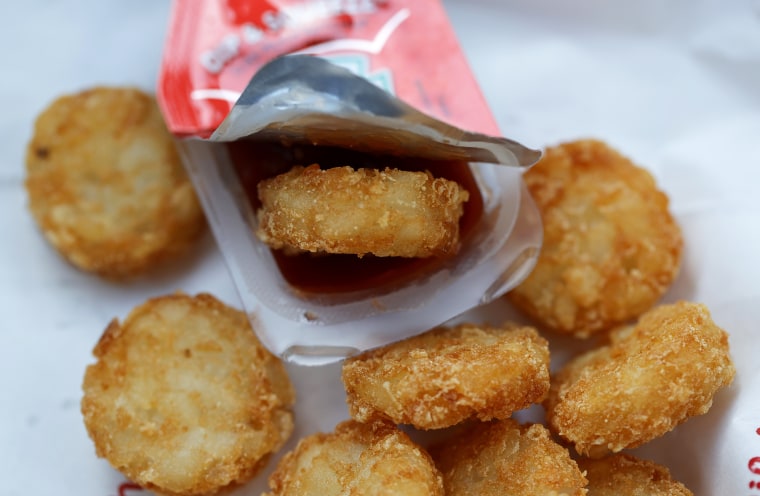 A Chick-fil-A hash brown sits in a packet of Heinz ketchup on April 12, 2021 in Novato, CA.