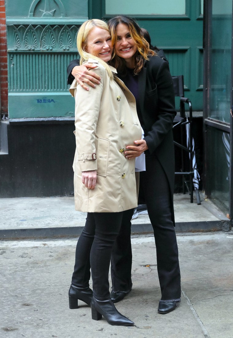 Kelli Giddish and Mariska Hargitay filming on location for 'Law & Order: Organized Crime' on April 17, 2023, in NYC.